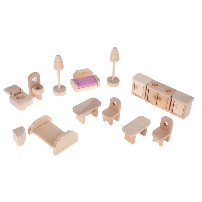 Набор мебели для кукольного домика, 14 предметов: спальня, кухня, ванная, гостиная