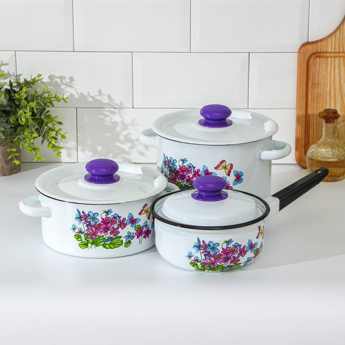 фото Набор посуды «фиалки», 3 предмета: кастрюли 2 л, 3,5 л, ковш с крышкой 1,5 л сибирские товары