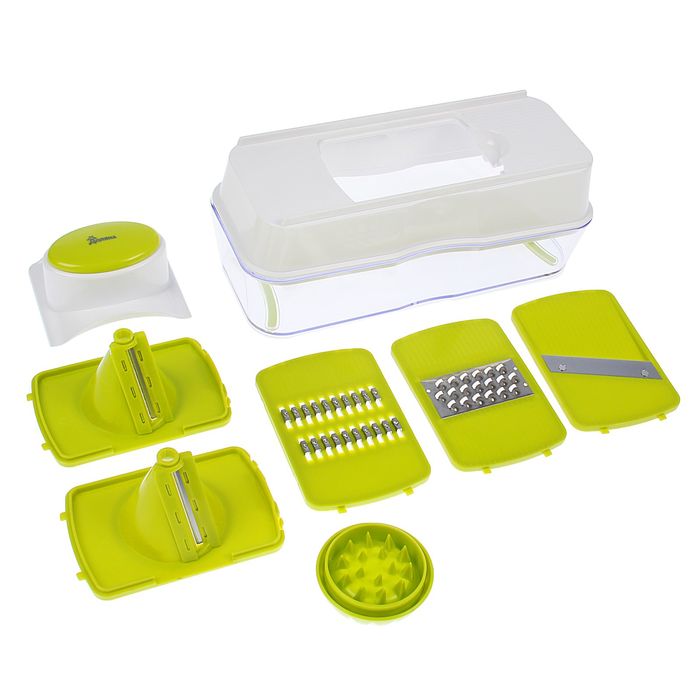 Овощерезка универсальная с контейнером, 5 сменных насадок, 2 держателя