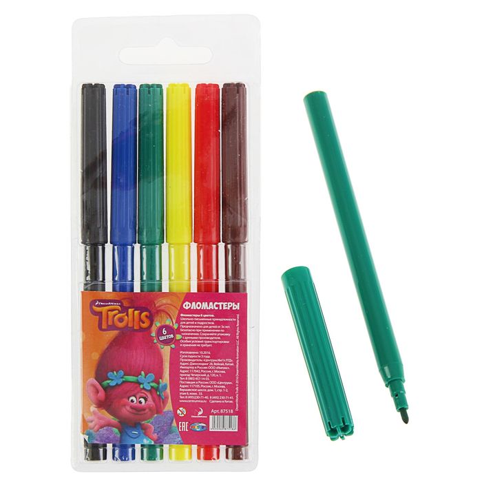 Фломастеры 6 цветов "Тролли", на водной основе, вентилируемый колпачок