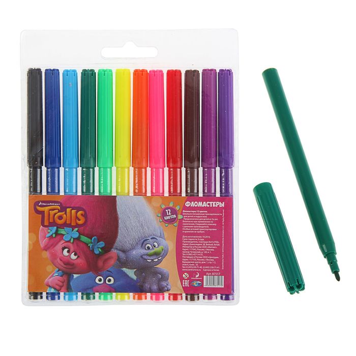 Фломастеры 12 цветов "Тролли", на водной основе, вентилируемый колпачок, морозостойкие