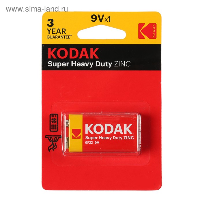 Батарейка солевая Kodak Extra Heavy Duty, 6F22-1BL, 9В, крона, блистер, 1 шт. батарейка солевая powerplus heavy duty 6f22