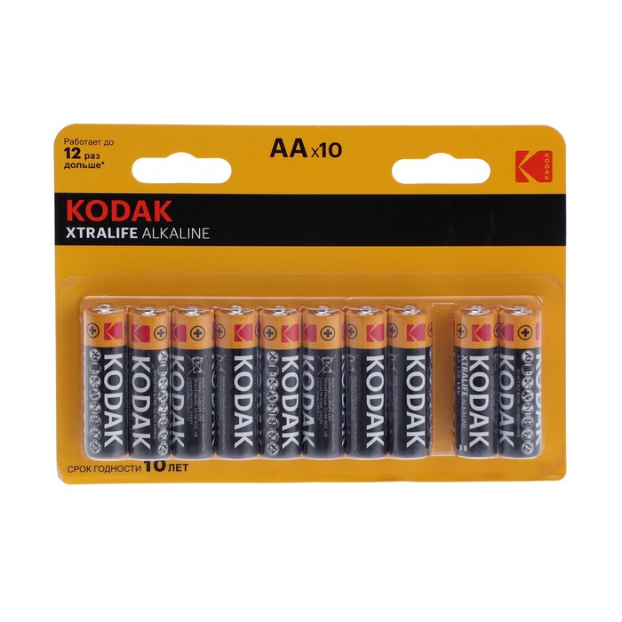 Батарейка алкалиновая Kodak XtraLife, AA, LR6-10BL, 1.5В, спайка, 10 шт. kodak батарейка алкалиновая kodak max ag8 lr1120 391 lr55 10bl 1 5в блистер 10 шт