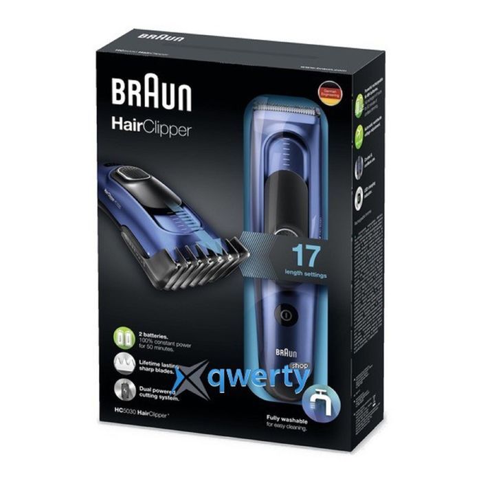 Машинки для стрижки Braun HC5030, 2 насадки,17 режимов (3-35мм), влажн очистка, черная/синяя