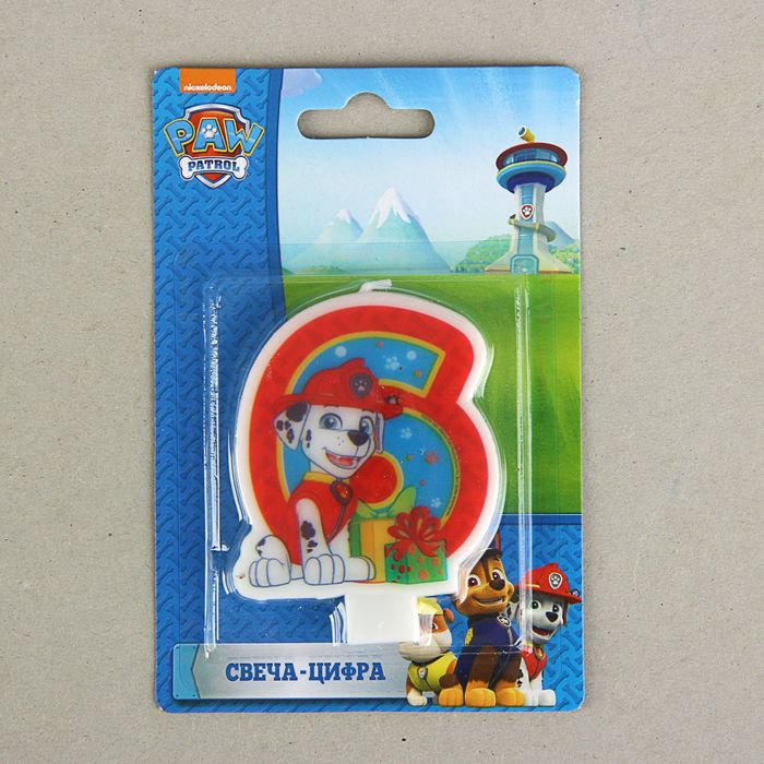 Свеча для торта цифра "Щенячий патруль" синяя "6"