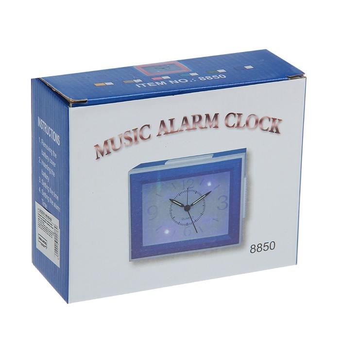 Будильник прямоуг.крупные цифры 3,6,9,12, бел циферблат, подсветка, музыка микс 11,5*14,5см