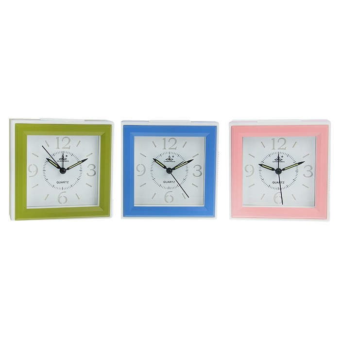 Будильник квадрат, крупные цифры 3,6,9,12,бел циферблат, подсветка, музыка, микс 13,5*13,5см