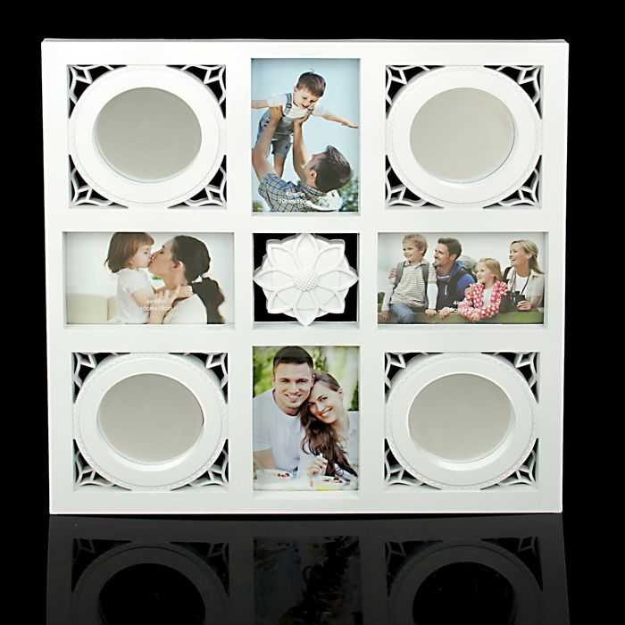 Фоторамка пластик на 4 фото 10х15 см с 4-я зеркалами "Цветок" белая 42х42 см