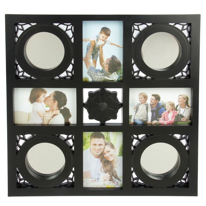 Фоторамка пластик на 4 фото 10х15 см с 4-я зеркалами "Цветок" черная 42х42 см