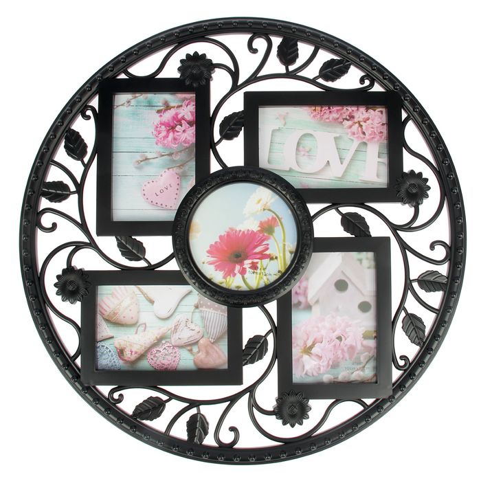 Фоторамка пластик на 5 фото 10х15 см, 12,5х12,5 см "Дивный сад" круглая черная 48х48 см