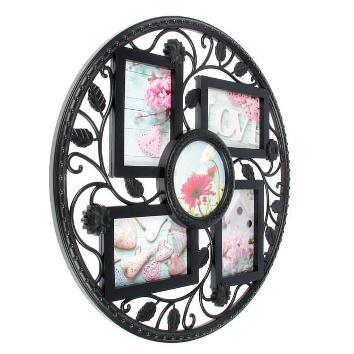 Фоторамка пластик на 5 фото 10х15 см, 12,5х12,5 см "Дивный сад" круглая черная 48х48 см