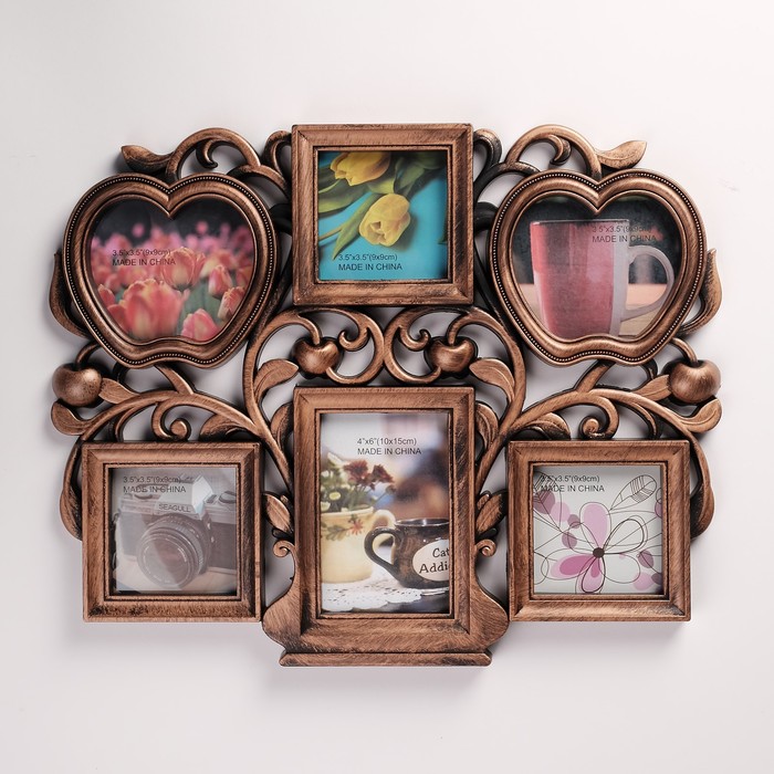 Фоторамка пластик на 6 фото 8х8 см, 10х10 см, 9х13 см "Яблоня" золото 29х36 см