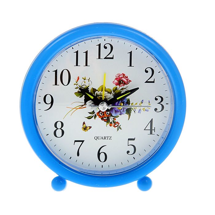 Будильник круг на ножках, кант синий, Цветы на циферблате, стрелки светятся d=10см