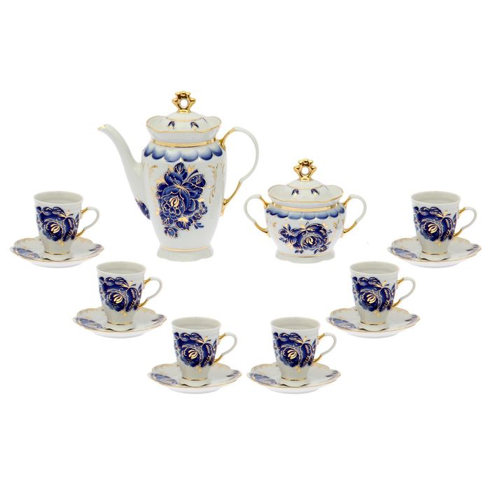 Сервиз кофейный "Мари", 14 предметов: кофейник 850 мл, сахарница 350 мл, 6 чашек 110 мл, 6 блюдец 12 см, ручная роспись, отводка золотом