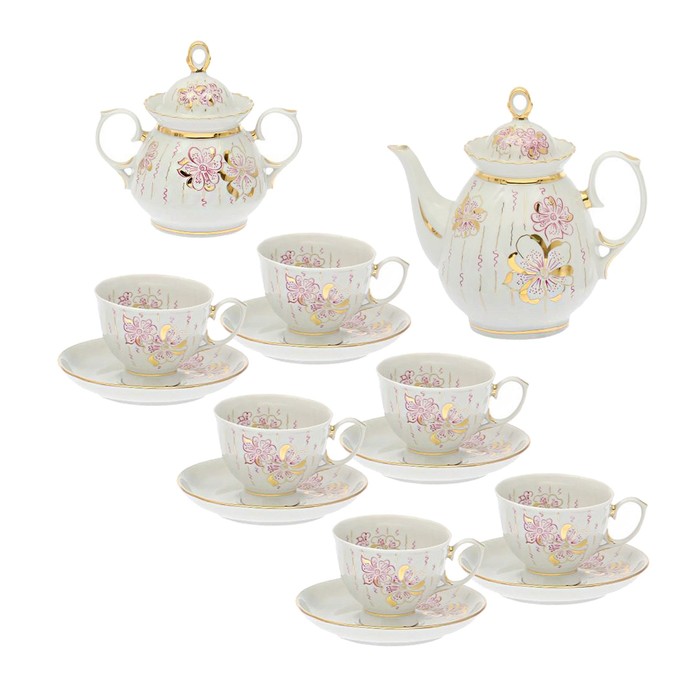 Сервиз чайный "Цветы солнца", 14 предметов: чайник 800 мл, сахарница 350 мл, 6 чашек 200 мл, 6 блюдец 14 см