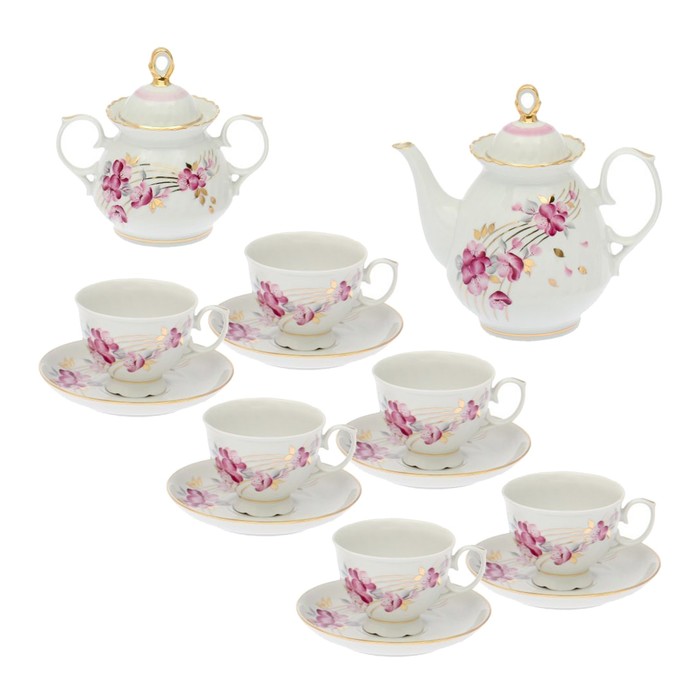Сервиз чайный "Цветы сакуры", 14 предметов: чайник 800 мл, сахарница 350 мл, 6 чашек 200 мл, 6 блюдец 14 см