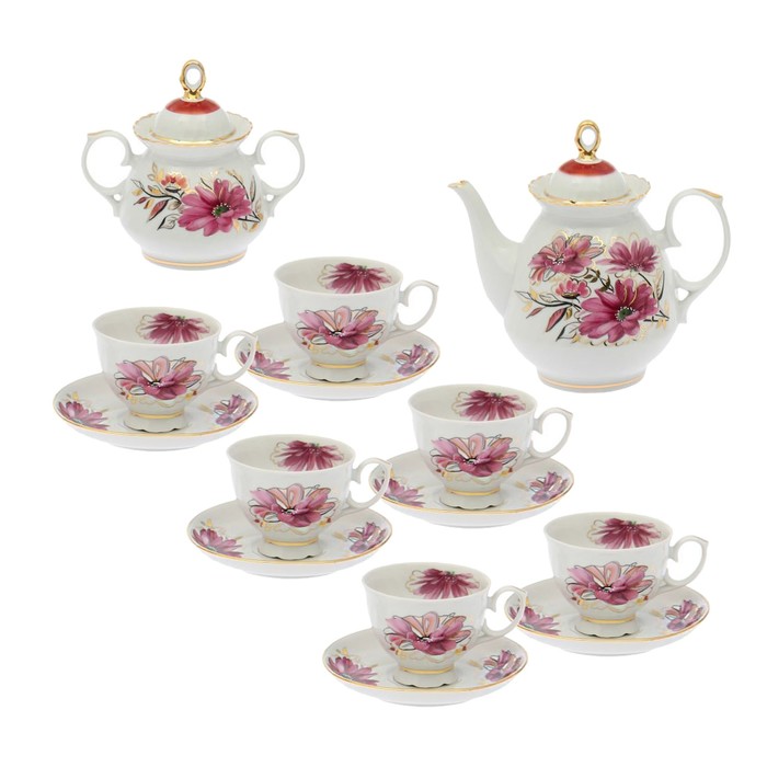 Сервиз чайный "Королевский георгин", 14 предметов: чайник 800 мл, сахарница 350 мл, 6 чашек 200 мл, 6 блюдец 14 см