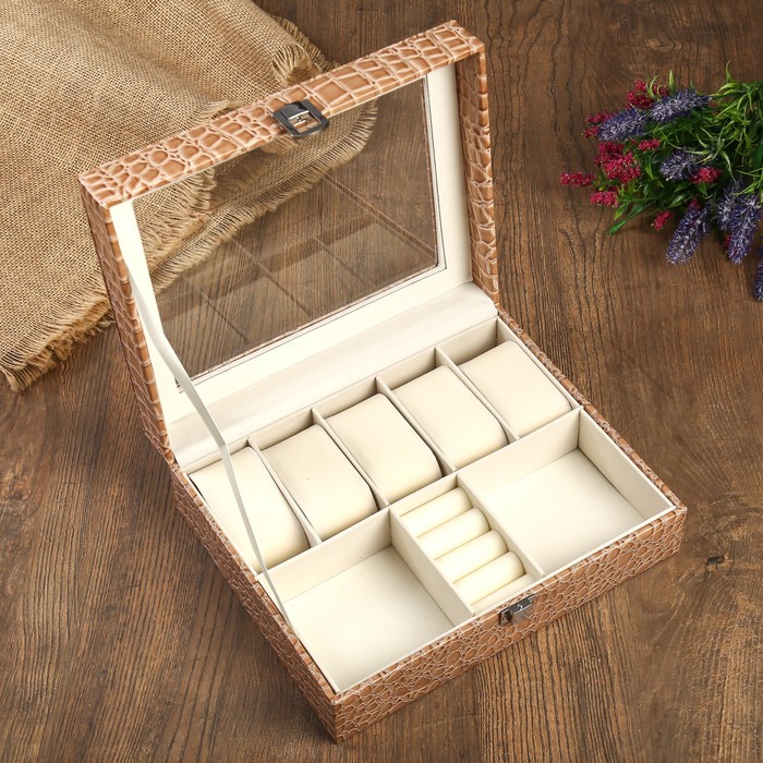 Шкатулка кожзам под часы 5 отделений и бижутерию 8х26х20 см