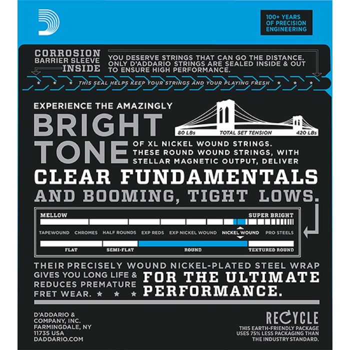 Комплект струн для бас-гитары D'Addario ESXL170 Nickel Wound, шарик на 2 концах