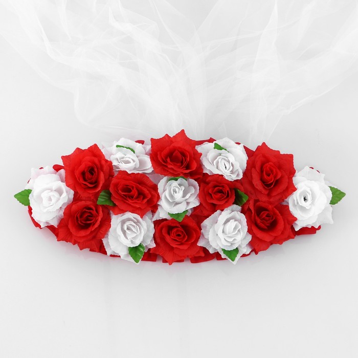 Набор для украшения автомобиля «Обручальный»: кольца на крышу, букет на радиатор, 2 ленты на капот 2.3 м, 4 бантика на ручки, бело-красный