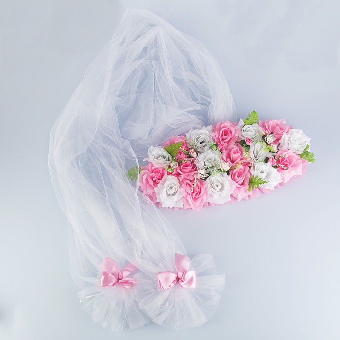 Набор для украшения автомобиля: кольца на крышу, букет на радиатор, 2 ленты на капот 2.3 м, 4 бантика на ручки, бело-розовый