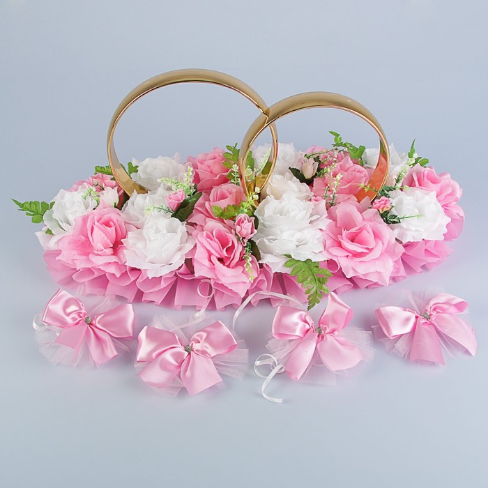 Набор для украшения автомобиля: кольца на крышу, букет на радиатор, 2 ленты на капот 2.3 м, 4 бантика на ручки, бело-розовый