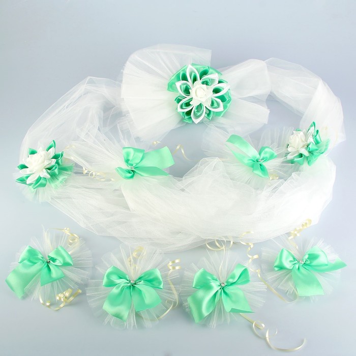 Набор для украшения автомобиля «Канзаши»: кольца на крышу, бант на радиатор, 4 бантика на ручки, 2 ленты на капот, мятно-белый