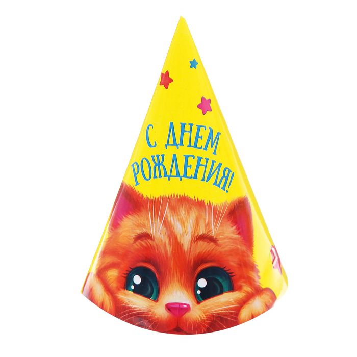 Колпак бумажный "С Днем Рождения"котик (набор 6 шт)