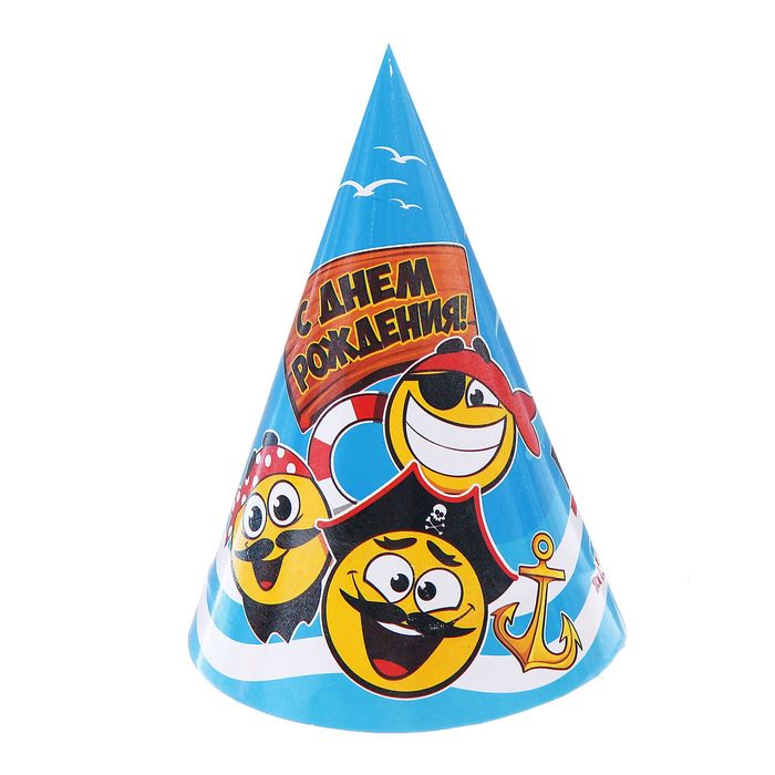 Колпак бумажный "С Днем Рождения"смайлики-пираты (набор 6 шт)