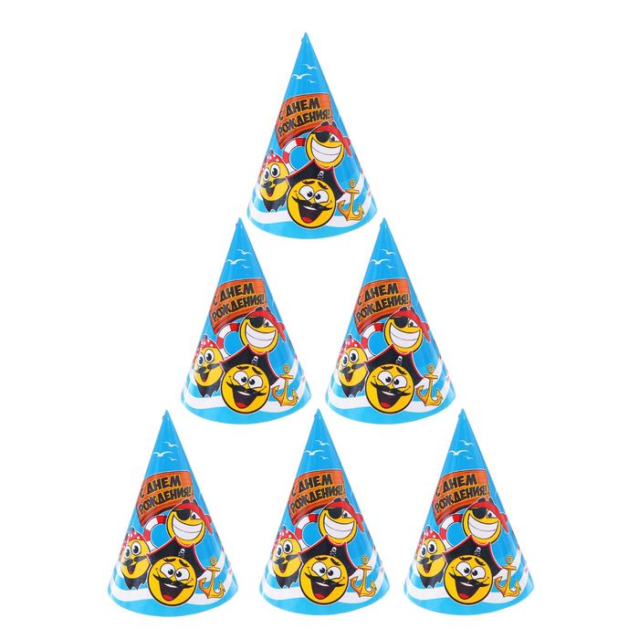 Колпак бумажный "С Днем Рождения"смайлики-пираты (набор 6 шт)