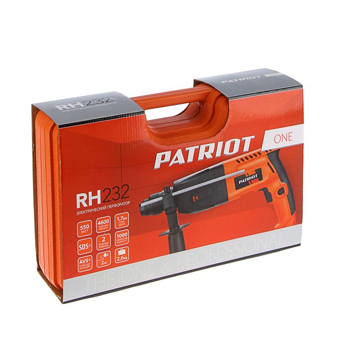 Перфоратор PATRIOT RH232, SDS+, 550 Вт, 1.7 Дж, d=22 мм, 2 режима, набор буров, глубиномер