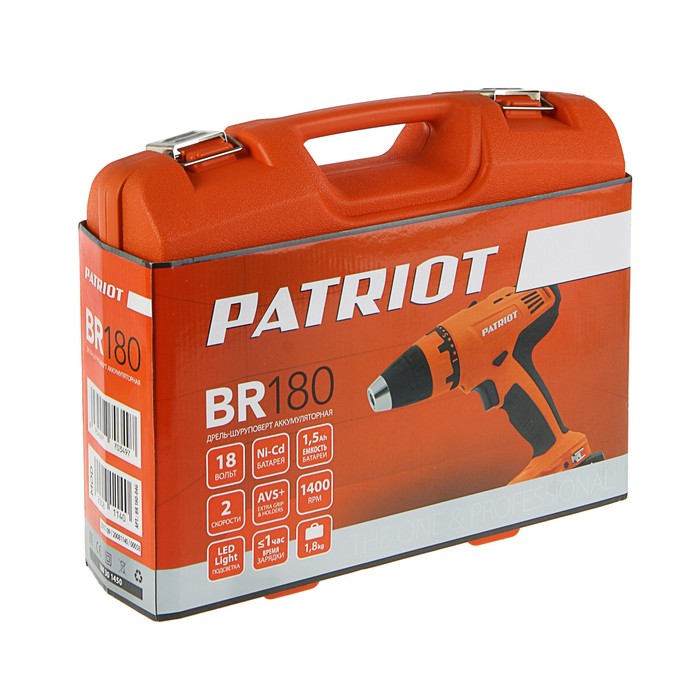 Дрель-шуруповерт PATRIOT BR 180, NiCd, 18 В, 1.5 Ah, аккумул., две батареи, заряд 1 ч.