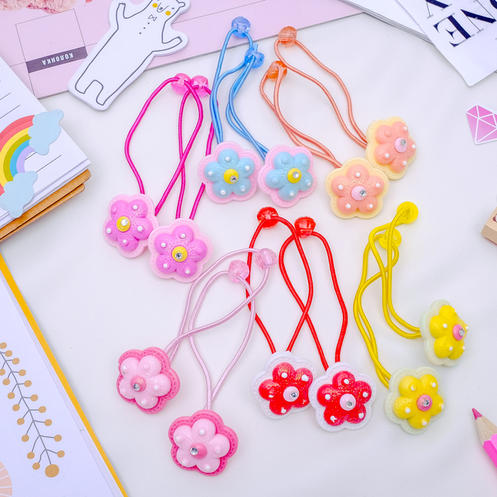 Резинка для волос "Карамельная" (цена за пару) двойной цветок, микс