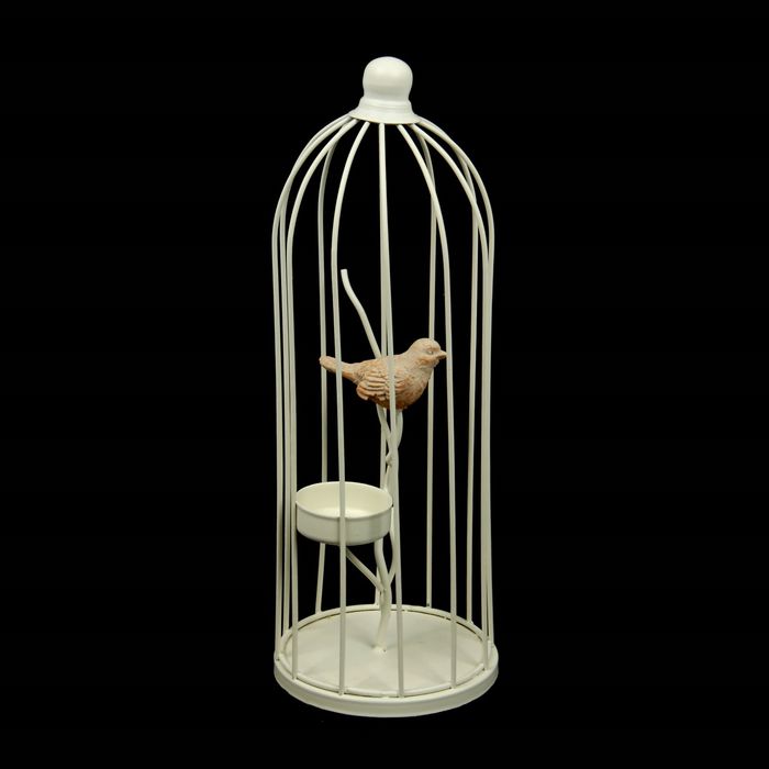 Подсвечник металл 1 свеча "Клетка с птицей" белая 28х10х10 см