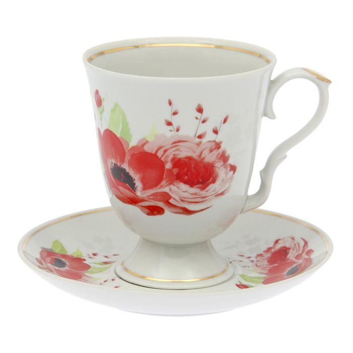 Чашка 600 мл "Красные цветы", блюдце