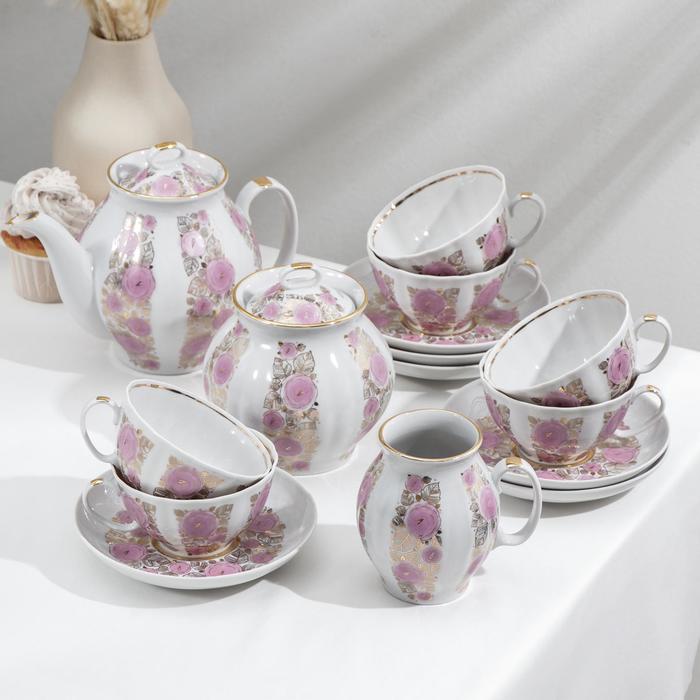 фото Сервиз чайный «белый лебедь. розовый сад», 15 предметов: чайник 1 л, сахарница 750 мл, сливочник 300 мл, 6 чашек 275 мл, 6 блюдец 15 см дулевский фарфор