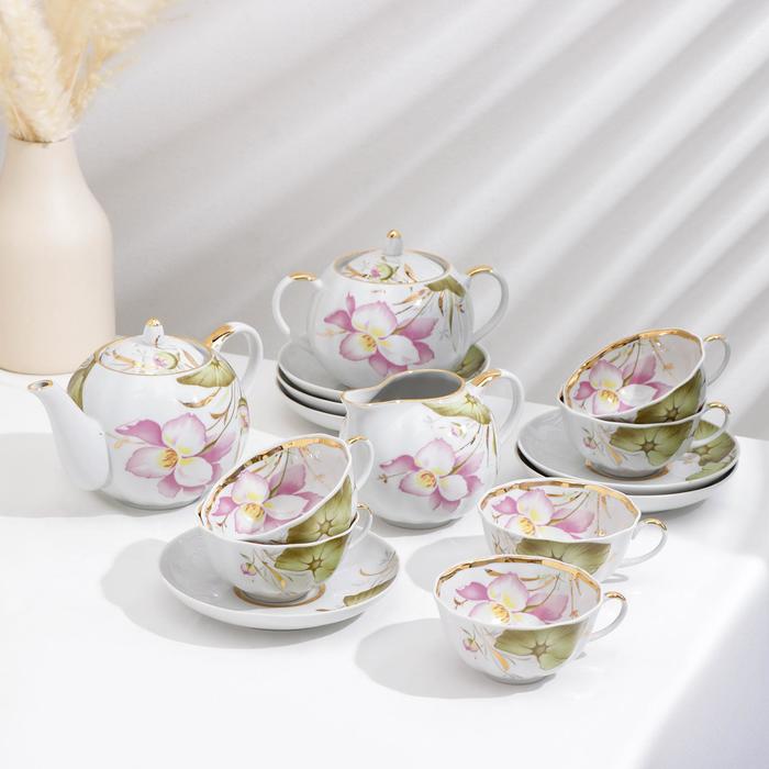 Сервиз чайный "Тюльпан. Июнь", 15 предметов: чайник 750 мл, сахарница 600 мл, сливочник 300 мл, 6 чашек 220 мл, 6 блюдец 15 см