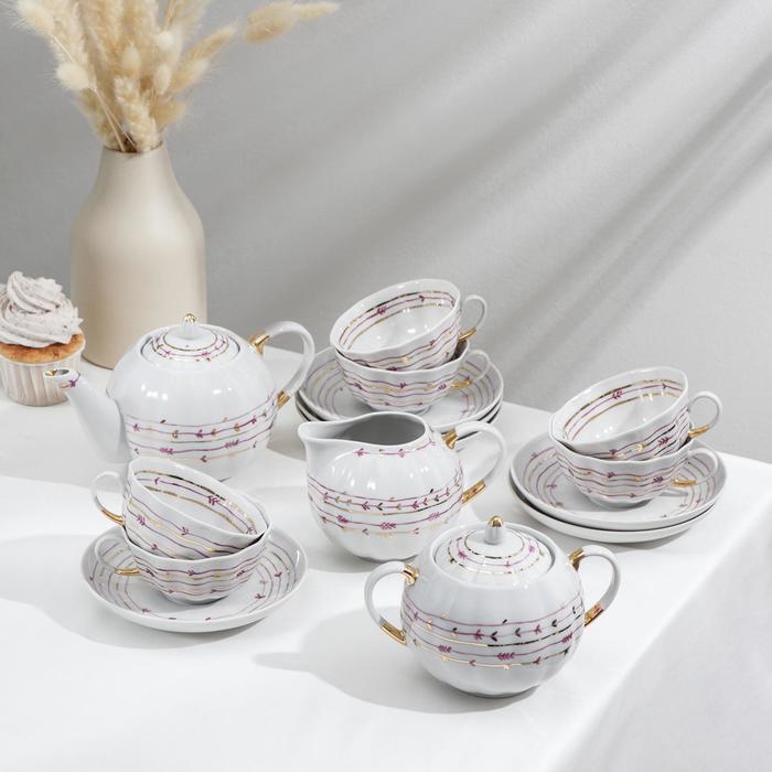 Сервиз чайный "Тюльпан. Нежный", 15 предметов: чайник 750 мл, сахарница 600 мл, сливочник 300 мл, 6 чашек 220 мл, 6 блюдец 15 см