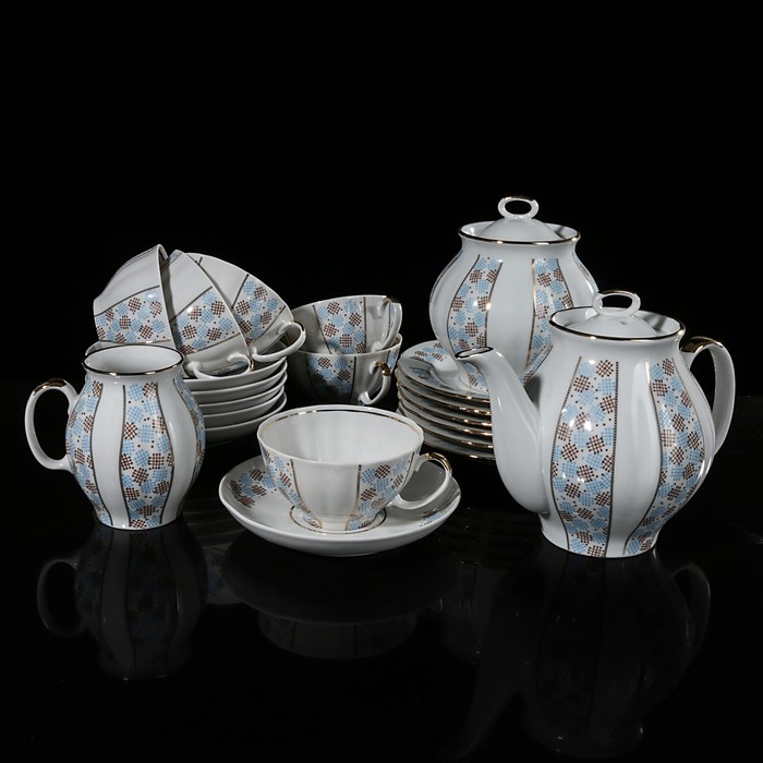 Сервиз чайный "Белый лебедь. Конфетти", 21 предмет: чайник 1 л, сахарница 750 мл, сливочник 300 мл, 6 чашек 275 мл, 6 блюдец 15 см, 6 тарелок 17,5 см