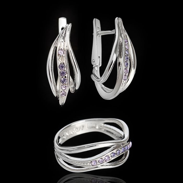Гарнитур 2 предмета: серьги, кольцо "Зефир", размер 17, фиолетовый в серебре