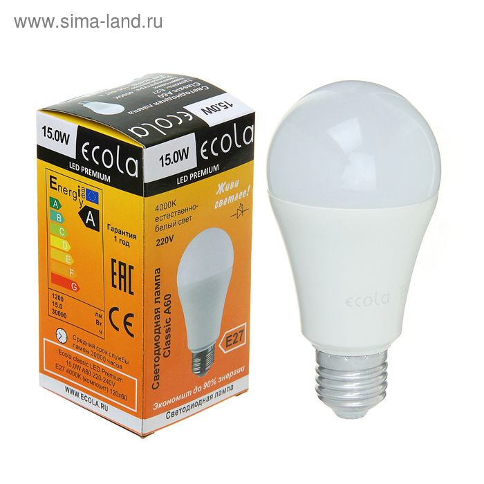 фото Лампа светодиодная ecola, а60, е27, 15 вт, 4000 к, 120 х 60 мм, матовый шар