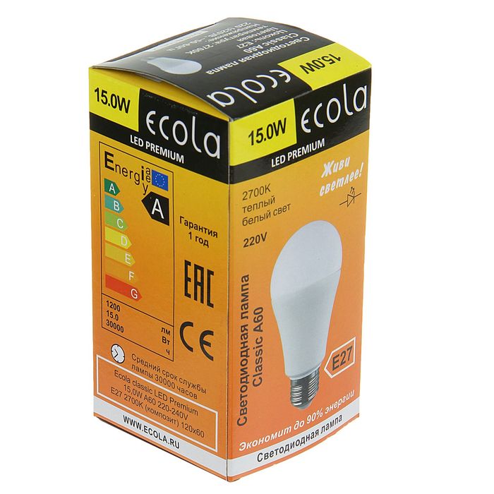 Лампа светодиодная Ecola, Е27, А60, 15 Вт, 2700 К, 120х60 мм, матовый шар