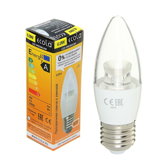 Лампа светодиодная Ecola candle, Е27, 6Вт, 220В, 2700K, 105х35 мм, прозрачная свеча с линзой