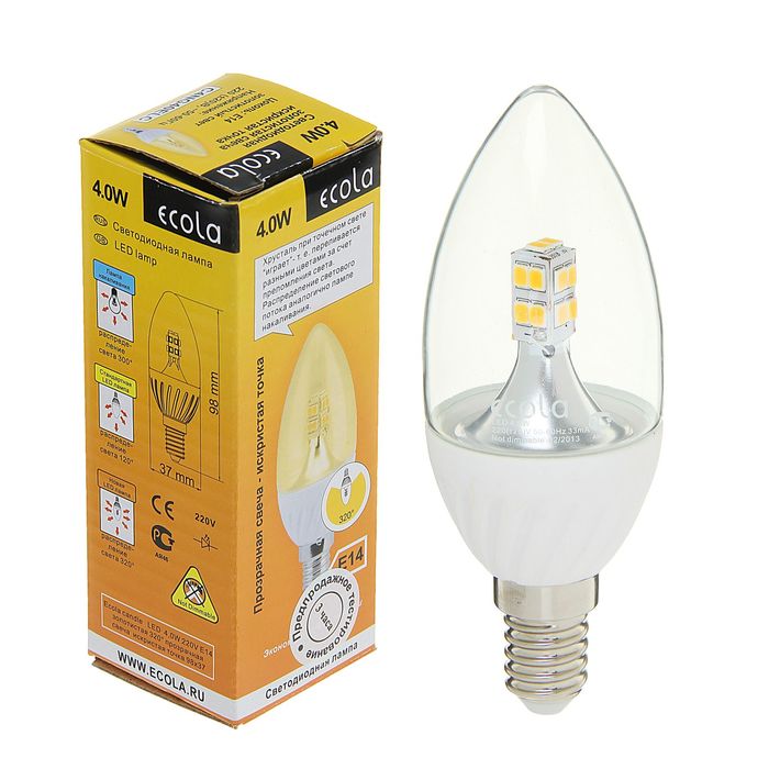 Лампа светодиодная Ecola candle, Е14, 4 Вт, 220 В, 98 х 37 мм, 320°, прозр.золотистая свеча