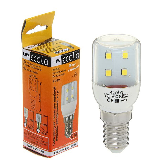 Лампа светодиодная Ecola, E14, T25, 1.1Вт, 4000K, 340°, для холод-ов/швейных машин, 63x25 мм