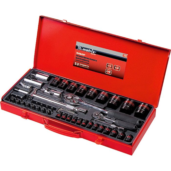 Набор слесарно-монтажный MATRIX MASTER, с квадратами 1/4", 1/2", 53 шт