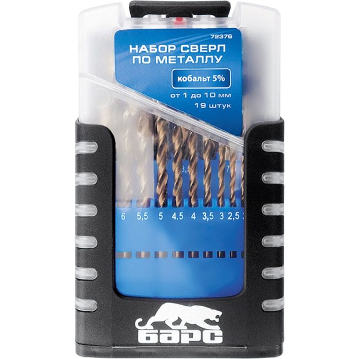 Набор сверл по металлу "БАРС", 1-10 мм, 19 шт, Р9М3, многогр. зат., бокс