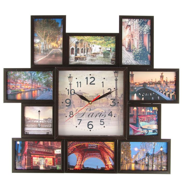 Фоторамка на 10 фото 10х10, 10х15 с часами (21,5x21,5 см) Венге "Города"