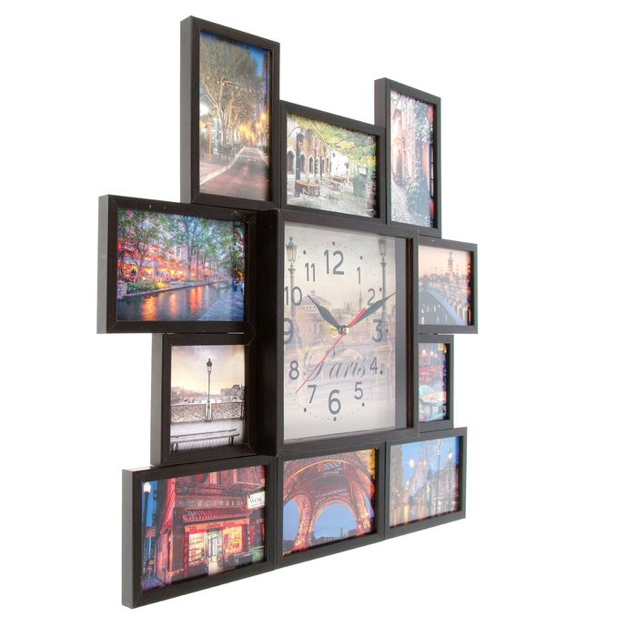 Фоторамка на 10 фото 10х10, 10х15 с часами (21,5x21,5 см) Венге "Города"