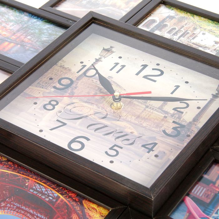 Фоторамка на 10 фото 10х10, 10х15 с часами (21,5x21,5 см) Венге "Города"